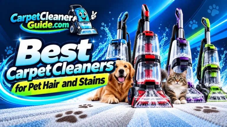 Best Carpet Cleaners for Pet Hair and Stains featured image with upright cleaners, a dog and cat