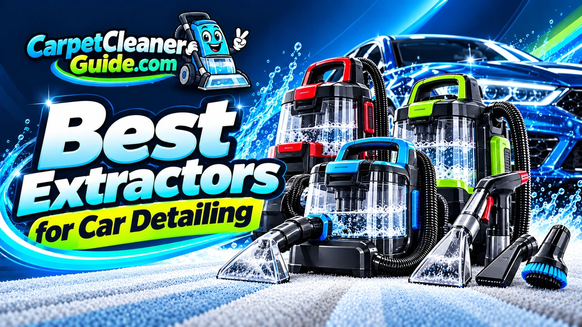Best Extractors for Car Detailing featured image with portable extractors, detailing tools, and a car