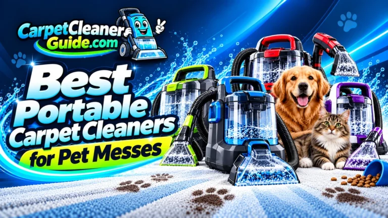 Best Portable Carpet Cleaners for Pet Messes featured image with portable cleaners, a dog and cat