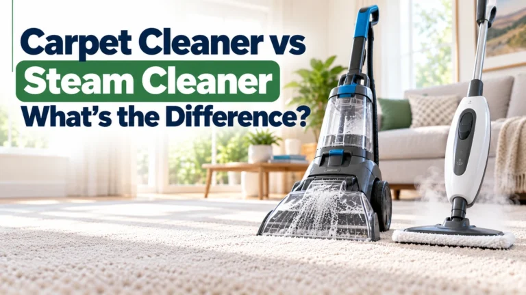 Carpet cleaner and steam cleaner shown side by side on carpet in a bright living room