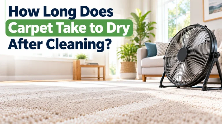 Freshly cleaned carpet drying with a floor fan in a bright living room