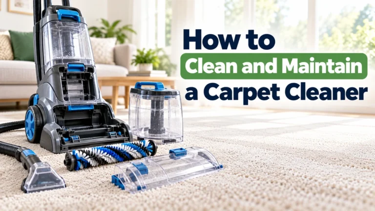 Carpet cleaner with removable tank, brush roll, nozzle cover, and hose laid out for cleaning and maintenance