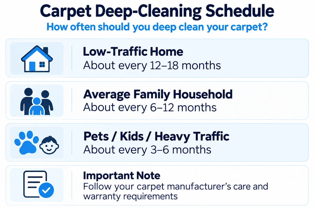 Carpet deep-cleaning schedule showing suggested cleaning frequency for different household conditions