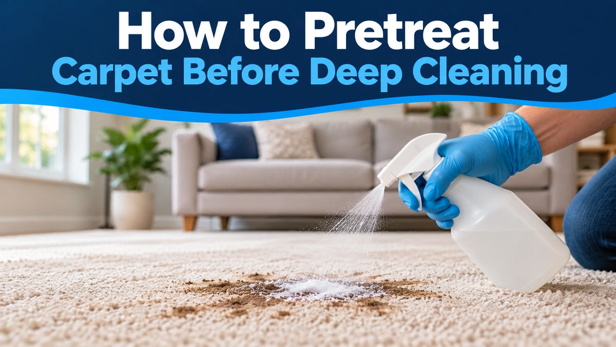 Gloved hand spraying carpet pretreatment onto a stained carpet before deep cleaning