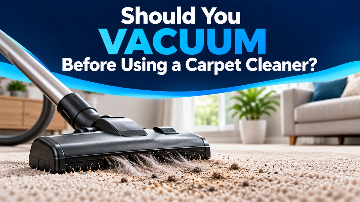 Vacuum head removing loose debris from carpet in a bright living room
